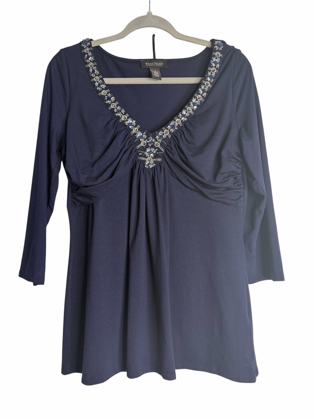 White House Black Market Navy Embellished V-Neck Top – Size M